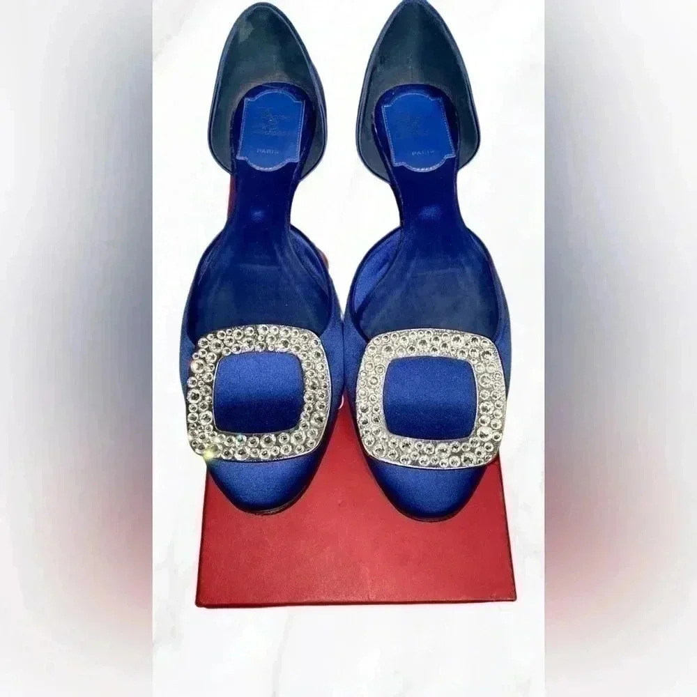 Roger Vivier Navy Satin Crystal Buckle D’Orsay Flats EU 35.5 (Fits 36.5) - Picture 6 of 7